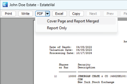 Screenshot of EstateVal's report preview, with the PDF button selected and a drop-down show.